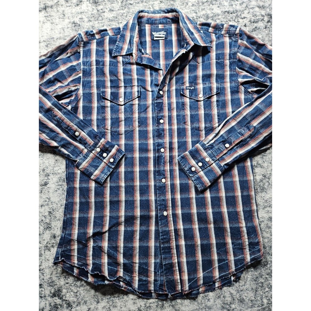 Wrangler Denim Shirt Mens L Blue Plaid Pearl Snap Western Cowboy